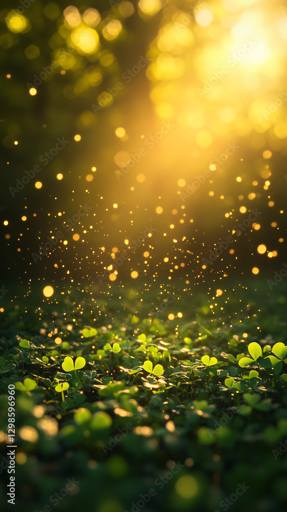 Poster close-up of clovers with sunlight filtering through, glowing particles in the air, symbolizing natur