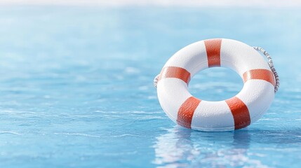 Naklejka premium Lifebuoy floats on calm ocean water, summer safety