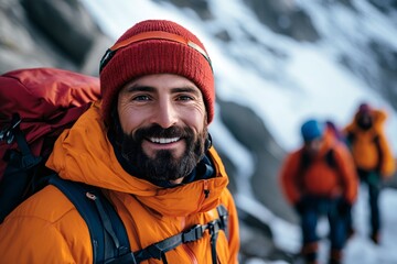 Summit Smile: A courageous mountaineer beams with a genuine, heartwarming smile, embodying resilience and fortitude. Standing amidst a breathtaking snowy mountainscape.