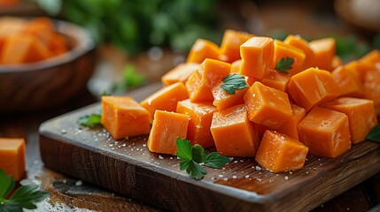 Sweet potato diced. Sweet potato cut and diced