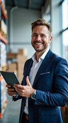 Fototapeta premium smiling businessman in blue suit using a tablet