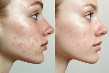 Obraz premium Before and after skin treatment showing significant acne reduction on smooth skin