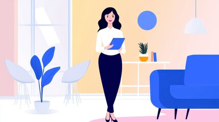 Woman with Tablet in Modern Pastel Office