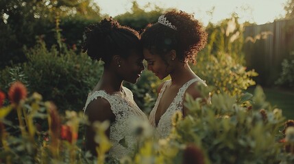 Landscape-oriented photograph of a romantic and intimate same-sex wedding featuring two women in love from different racial backgrounds, identified as lesbian and part of the LGBTQ community,
