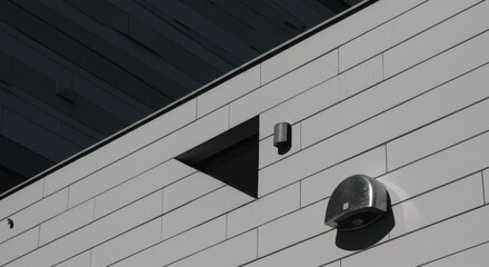 Geometric Facade: A stark monochrome image of a modern building facade with a triangular opening and textured wall, the strong contrast of light and shadow highlighting its architectural details.