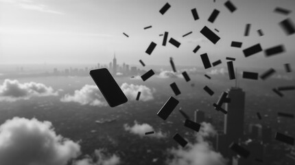 Floating smartphones over city, symbolizing digital waste and technology excess