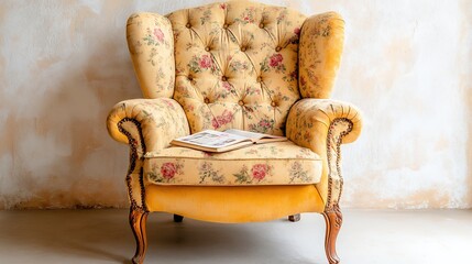 Fototapeta premium Yellow Floral Armchair with Wooden Legs Against Textured Wall