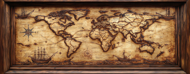 Intricate vintage-style world map showcases ornate craftsmanship with ships, a compass rose, and detailed geography in warm tones