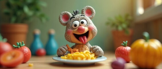 Fototapeta premium Adorable cartoon character enjoying a delicious meal with excitement