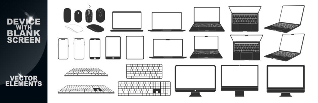 Device screen set isolated with blank screen on transparent. Set technology devices icon: computer, laptop, tablet, smartphone, mouse, keyboard.