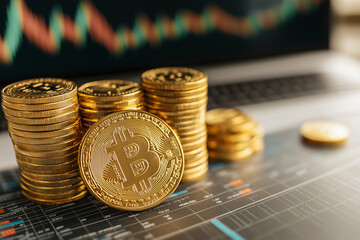 A rich close-up of golden coins placed over financial charts, depicting investment success and economic stability with copy space. Warm financial lighting. Executive office background.