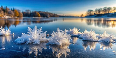 Fototapeta premium Frosty Ice Crystal Formations in a Frozen Lake, frozen water, calm, frozen water, calm, peaceful, lake, nature