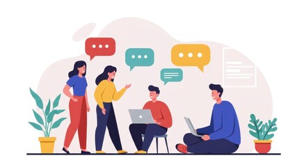 Naklejka premium Flat illustration of three casually dressed professionals engaged in a discussion with speech bubbles, symbolizing teamwork and communication