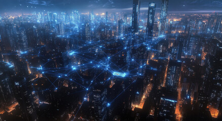 Fototapeta premium A stunning view of a bustling city at night showcases high-rise buildings glowing with lights, creating a dynamic network across the skyline