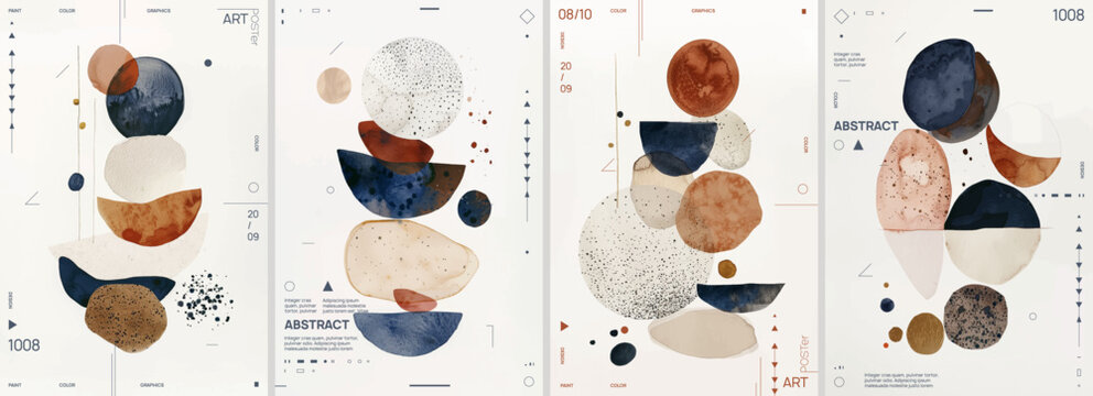 Abstract watercolor composition with geometric organic textures, and earthy tones. Minimalist design featuring navy blue, terracotta, and beige elements. Perfect for posters, prints, and home decor.
