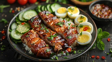 Thai food. Roasted pork on rice With boiled eggs