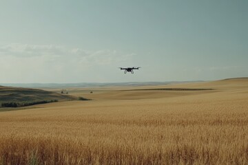 Drone monitors grain crops over expansive fields during daylight