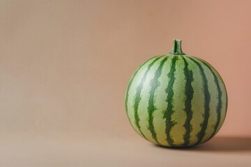 A single ripe watermelon sits against a smooth colored backdrop