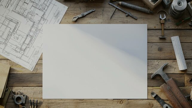 Blank blueprint paper on a wooden desk surrounded by drafting tools for creative projects and design concepts