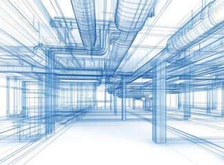 Obraz premium Detailed wireframe rendering displays structural elements and complex pipe layout within an industrial building environment