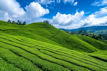Obraz premium A rolling tea plantation covering the hills in neatly arranged green rows