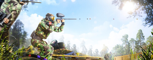 Professional paintball player in action outdoor