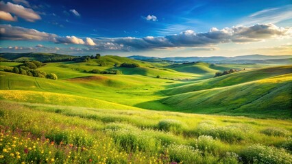 Obraz premium Rolling hills under a clear blue sky with lush green grass and wildflowers swaying gently in the breeze