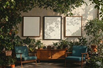 A mid century modern living room featuring blue chairs, a wood sideboard, and plants, has a mockup of a blank white poster frame mounted on the wall