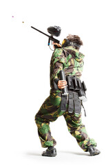 Painball player in action isolated om white bacground