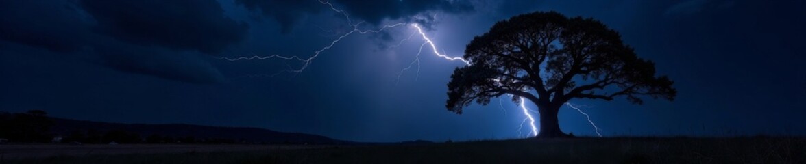 Lightning illuminates ancient oak, stormy night, weather, nature