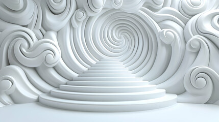 Fototapeta premium White spiral staircase leads to light, abstract cloud backdrop, design concept