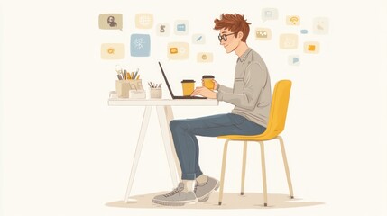 Young person working at a desk with laptop, coffee, and digital tools; stock photo for business, productivity, or remote work