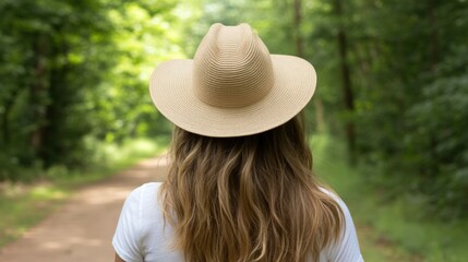 Serene forest path a woman with a sunhat and camera taking photos