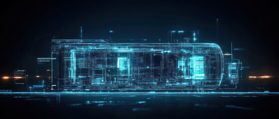 Digital Train Composed of Glowing Blue Lines