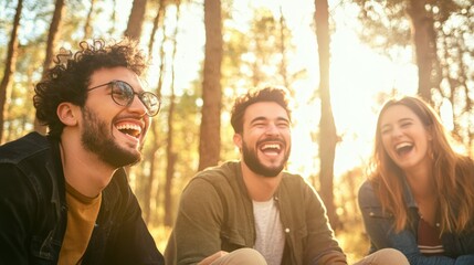 Joyful friends laughing in sunlit forest