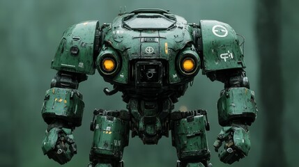 Naklejka premium A bulky military robot with heavy armor and weaponry, standing on a plain dark green background