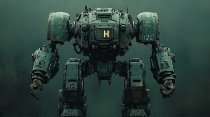A bulky military robot with heavy armor and weaponry, standing on a plain dark green background