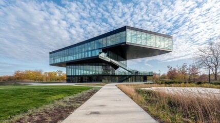 Obraz premium In a perspective view landscape, a 3d abstract architecture design of a modern luxury building is reflected in the sunset background, highlighting the convergence of glass and steel in a hi-tech