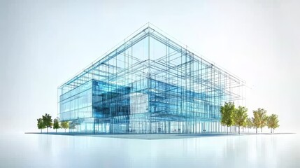 Obraz premium A cutting-edge glass-paneled commercial building's design is highlighted in a futuristic architectural blueprint set against the modern and vibrant urban cityscape