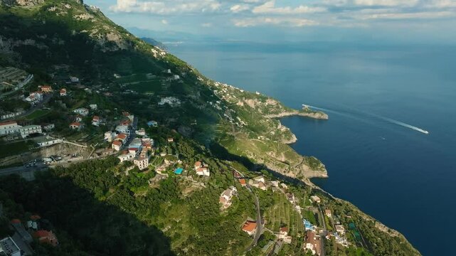 San Michele And Conca dei Marini Overlooking The Tyrrhenian Sea In Amalfi Coast, Italy. - aerial shot