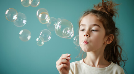 young girl blowing soap bubbles against a teal background