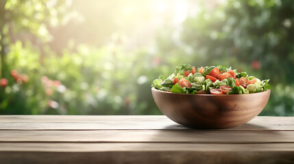 Bowl of Fresh Salad on Wooden Table with Blurred Nature Background and Sunlight, Summer Picnic or Outdoor Dining