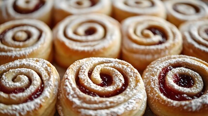 Fototapeta premium Delicious Swirl Pastry with Jam Filling and Powdered Sugar