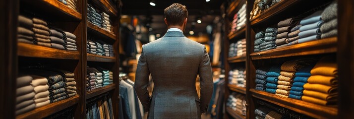 Exploring stylish clothing options in an elegant store for modern gentlemen