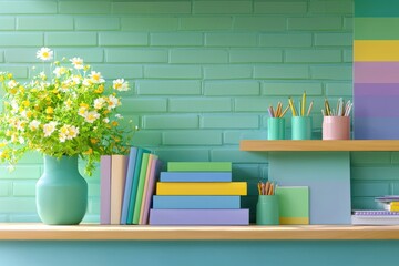 Brightly Coloured Home Office Backdrop With Flowers, Books, And Organised Stationery Enhancing Virtual Meetings In A Cheerful Setting