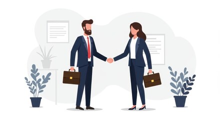 Flat illustration of a businessman with a beard shaking hands with a businesswoman, symbolizing business agreements and professional networking