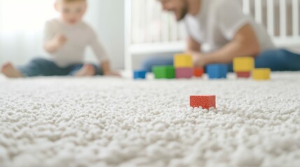 Father and son playing with toy blocks on the carpet in a bright nursery, engaging and lively family time,