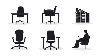 Fototapeta premium Office furniture icons, different types of desks and chairs, modern workplace elements
