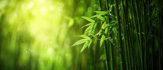 Naklejka premium Sunlight Through Lush Green Bamboo Forest