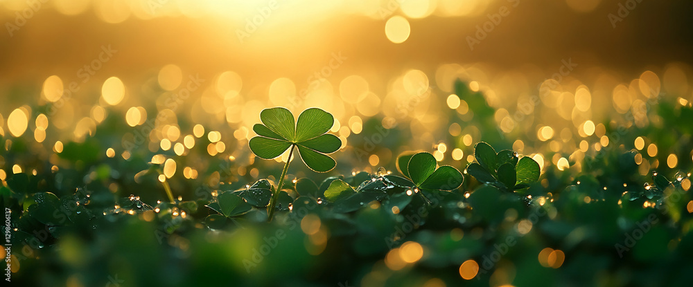 Poster close-up view of clover leaves with dew drops, set against a glowing bokeh background, symbolizing g